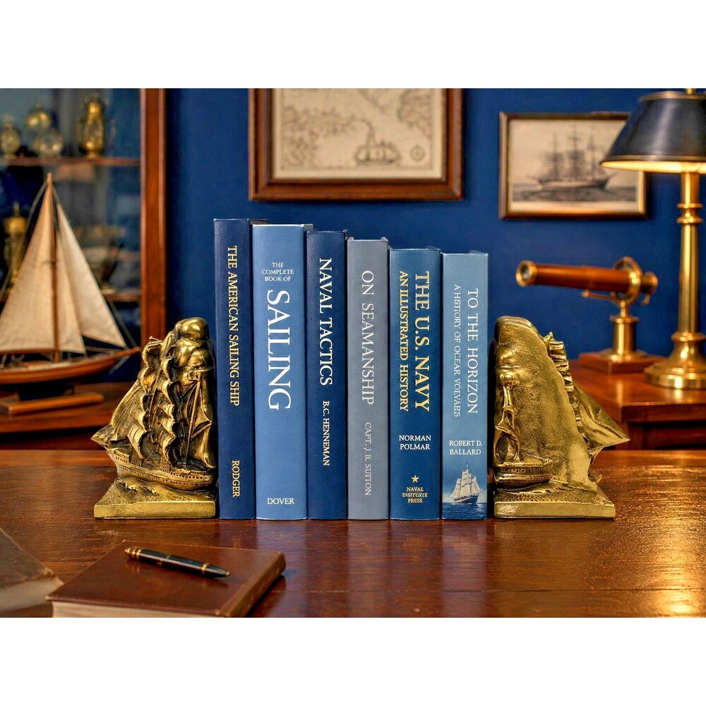Vintage Brass Sailboat Bookends 6" x 6",Square Rigger,Windjammer,Schooner,Barque